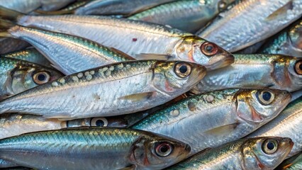 Shiny silver sardines, raw and fresh, displayed at a market. Seafood ingredient ready for cooking.
