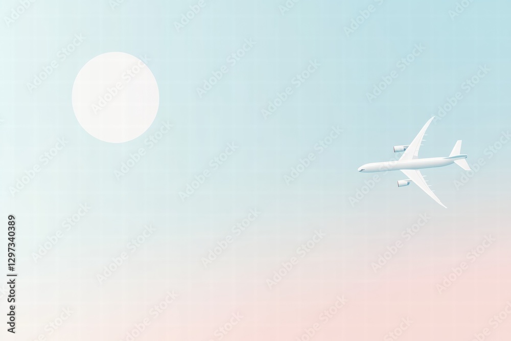 Poster airplane soaring through pastel sky with a large sun in the background during twilight hours. genera