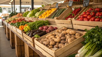 Vibrant fruit and vegetable stand at a local market. Wooden boxes overflowing with ripe and colorful produce.
