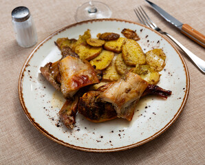 Appetizing roasted rabbit pieces with vegetable garnish of fried potatoes. Delicious and satisfying homemade dinner..
