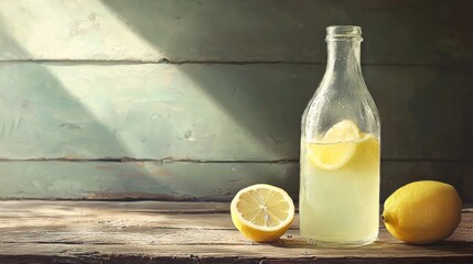 Lemonade in glass bottle with lemons on wooden table.