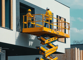 Construction workers using scissor lift to install facade on modern building