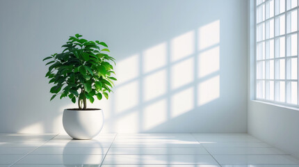 Fototapeta premium Lush Green Small Tree in a White Pot Perfectly Positioned in the Corner of a White Room Glowing with Sunlight Streaming Through the Window Filling the Room with Peace interior Stock Photo