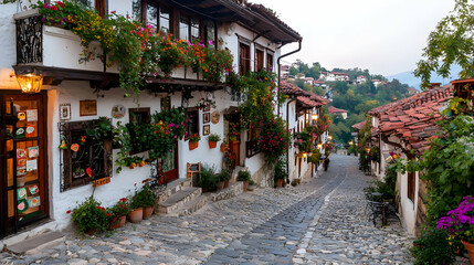 Obraz premium Hillside cobblestone street, flower-adorned houses, sunset. Travel brochure