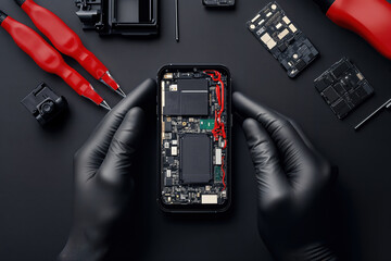 Obraz premium Technician repairing mobile phone on black table with various tools
