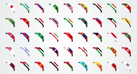 Ribbon For Corner With Asia Flags. Asia Flag Set