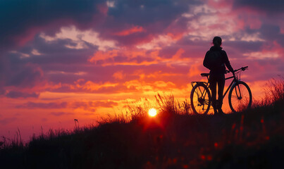 Obraz premium A silhouette of a woman with her bicycle standing on a hill during sunset. Beautiful tranquil background.