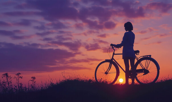 A silhouette of a woman with her bicycle standing on a hill during sunset. Beautiful tranquil background.