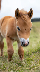 Cute Pony Baby Playing and Grazing Outdoors in a Minimalist Setting
