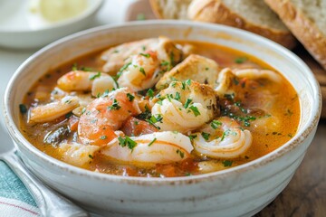 Hearty seafood stew with shrimp and vegetables in ceramic bowl
