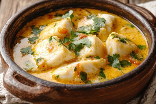 Delicious brazilian moqueca de peixe with creamy coconut sauce and cilantro garnish