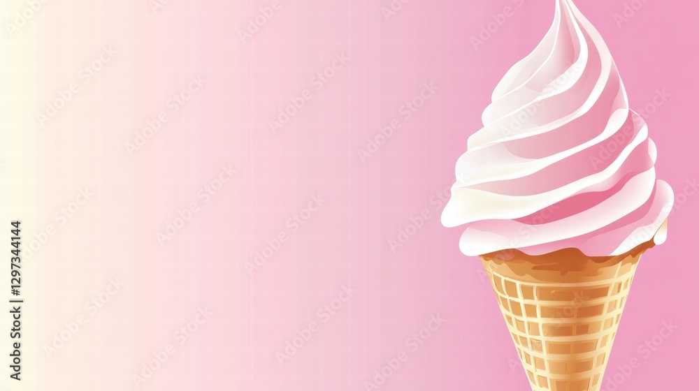 Poster Soft serve ice cream cone against a pink background with creamy swirls inviting warm summer days and sweet enjoyment. Generative AI