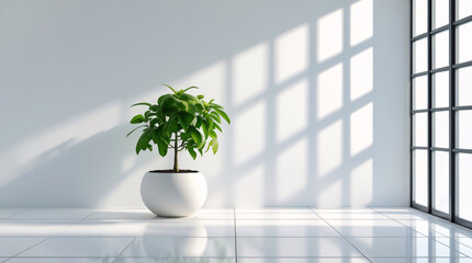 Fototapeta premium Bright Indoor Corner with a Small Green Tree in a White Pot Bathed in Sunlight Streaming Through a Nearby Window Filling the Clean White Room with Natural Light interior Stock Photo