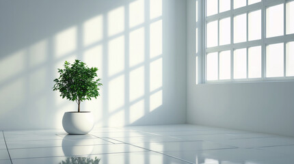 Calm and Refreshing Indoor Corner with a Small Green Tree in a White Pot Placed in a Bright White Room with Natural Sunlight Filtering Through the Window interior Stock Photo