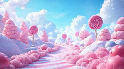 Sweet adventure in a colorful candy land whimsical landscape fantasy environment dreamy viewpoint