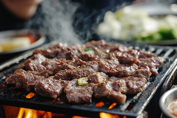 Grilled korean barbecue meat on charcoal grill with smoke rising