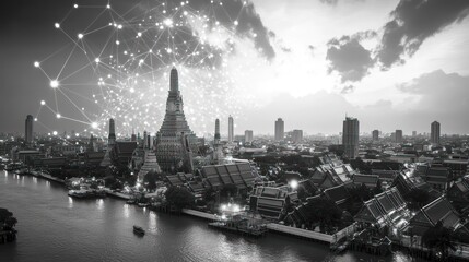 Obraz premium Aerial view of Bangkok temple, city, and river at dusk with digital network connections. Possible use Stock photo for technology, travel, city, and architecture