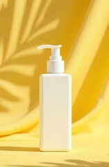 White plastic lotion bottle mockup isolated on yellow background, cream square bottle with pump, product demonstration