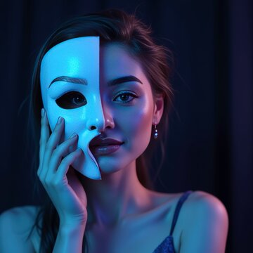 Woman removes white mask in close-up, showing dual emotions on dark backdrop, symbolizing duplicity