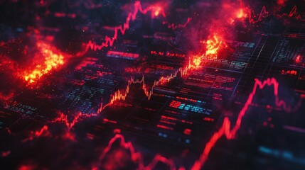 Fototapeta premium Stock market charts engulfed in flames, symbolizing financial disaster, economic crisis, a stock market crash, captured in a dramatic double exposure style to emphasize global instability and tension.