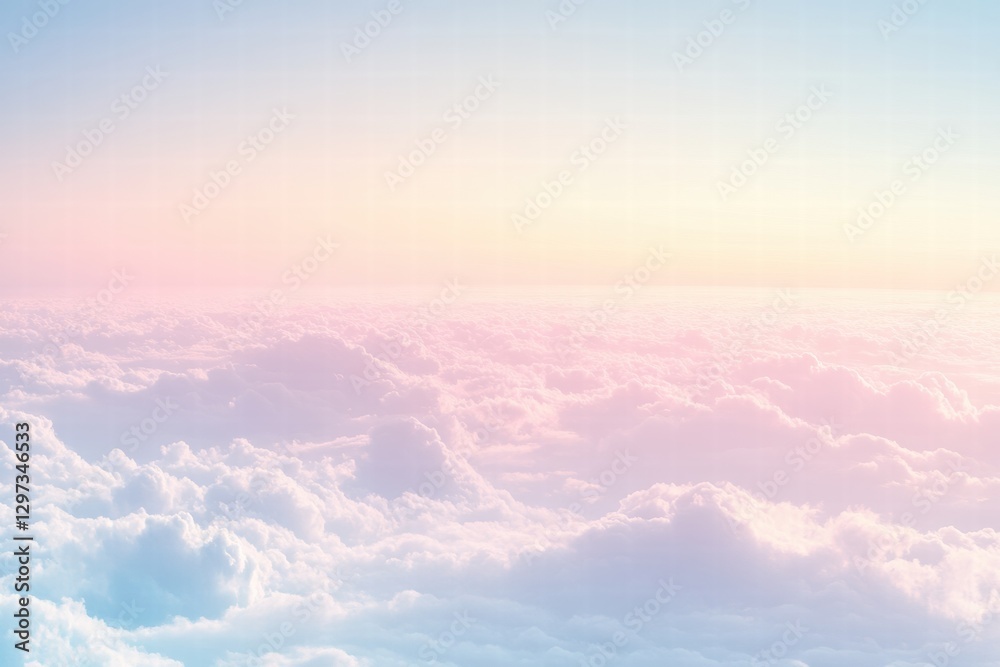 Poster beautiful pastel sky at sunrise with fluffy clouds creating a serene atmosphere. generative ai