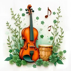 A beautifully crafted paper art composition featuring a violin, an Irish drum, and shamrocks, symbolizing Irish musical heritage and St. Patrick’s Day traditions