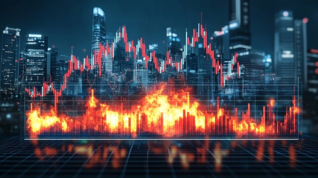 Stock market charts engulfed in flames, symbolizing financial disaster, economic crisis, a stock market crash, captured in a dramatic double exposure style to emphasize global instability and tension.