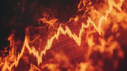 Stock market charts engulfed in flames, symbolizing financial disaster, economic crisis, a stock market crash, captured in a dramatic double exposure style to emphasize global instability and tension.