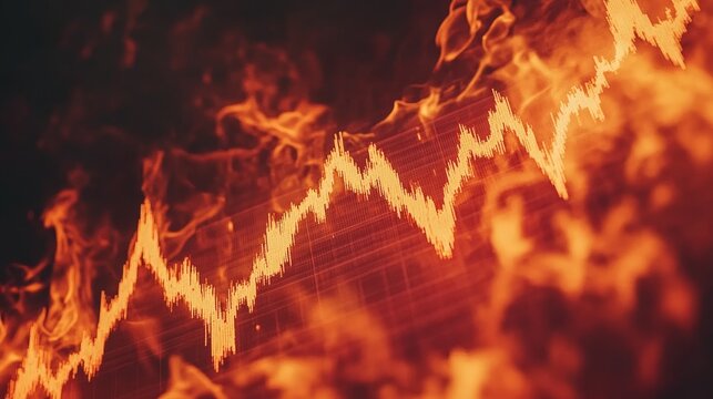 Stock market charts engulfed in flames, symbolizing financial disaster, economic crisis, a stock market crash, captured in a dramatic double exposure style to emphasize global instability and tension.