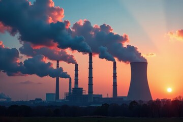 Multiple coal plant stacks release dark plumes , energy infrastructure, environmental concern