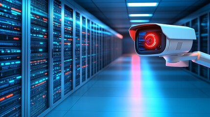 CCTV camera with a glowing red light in a high-tech server room, symbolizing advanced security and surveillance, set against a futuristic blue neon background for a cyber protection concept.