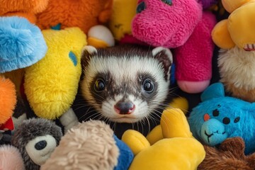 Playful ferret surrounded by colorful plush toys