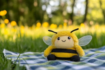 Cute plush bee toy on checkered blanket in sunny park with yellow flowers