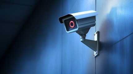 CCTV camera with a glowing red light in a high-tech server room, symbolizing advanced security and surveillance, set against a futuristic blue neon background for a cyber protection concept.