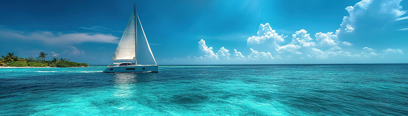 Fototapeta premium Sailing adventure on crystal clear waters tropical island paradise scenic landscape photography sunny atmosphere wide angle view