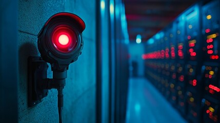 CCTV camera with a glowing red light in a high-tech server room, symbolizing advanced security and surveillance, set against a futuristic blue neon background for a cyber protection concept.
