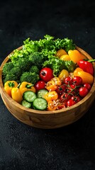 Vibrant vegetable medley in a rustic bowl on black background