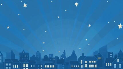 City skyline at night with starry sky.  Possible use Stock photo for backgrounds, illustrations, or digital art