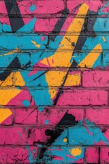 Fototapeta premium Poster 80's, 90's. Retro banner futuristic background. Painted brick wall. Colorful paint on bricks.