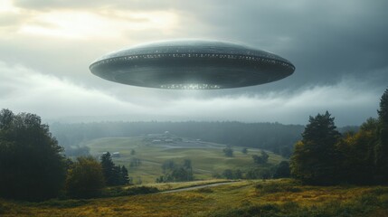 Fototapeta premium Flying saucer hovers over foggy field. Object in sky. Mystery in the air. Woods and green grass. Strange ship flying.