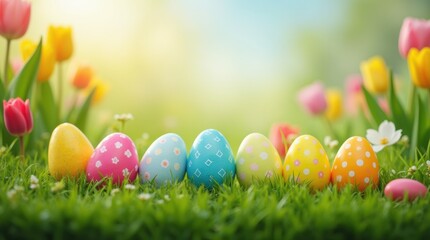 Fototapeta premium Bright Easter eggs tucked in grass with tulips, a fun spring hunt scene