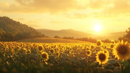 Fototapeta premium Sunlit sunflower field at sunset with mountains.