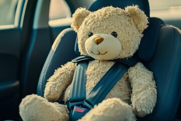 Cute teddy bear securely buckled in car seat for safe journey