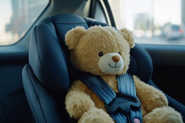Teddy bear seated safely in car seat during daytime car ride