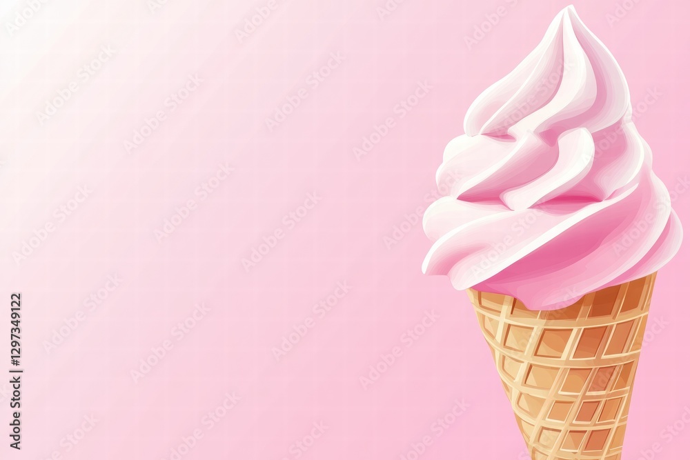 Poster soft serve ice cream cone with pink swirl on a pastel pink background perfect for summer treats. gen