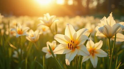 Fototapeta premium A vibrant field of Easter lilies at golden hour, white petals glowing in soft sunlight, serene and peaceful outdoor garden setting.