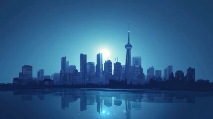 Obraz premium City skyline at dawn, reflected in water, artistic illustration, possible use in background design