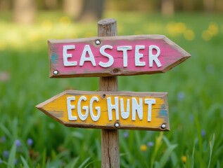 Wooden Easter egg hunt sign with arrows in a green field, festive spring guide for holiday stock imagery.