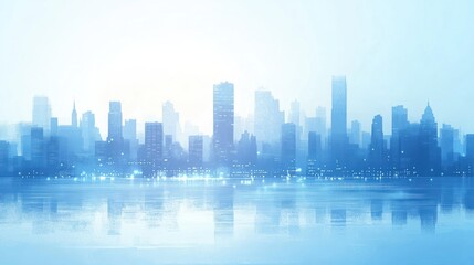 City skyline at dawn, urban cityscape, reflection on water, peaceful morning