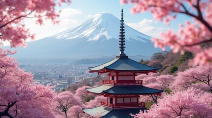 A traditional Japanese pagoda surrounded by cherry blossom trees in full bloom, with soft pink petals and a mountain backdrop, creating a peaceful and serene mood.